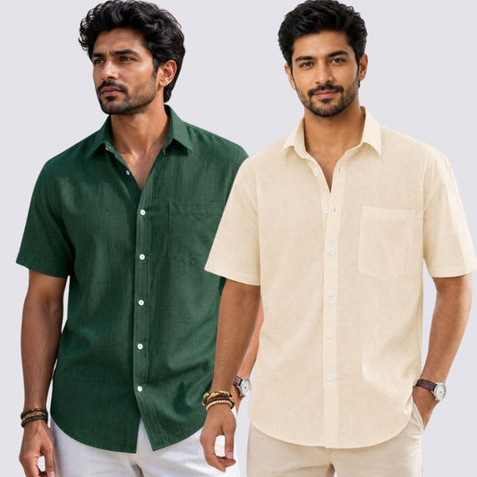 Combo of 2  Linen Half Sleeve Shirt Light Beige and Bottle Green-51997