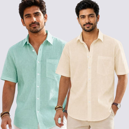 Combo of 2  Linen Half Sleeve Shirt Light Beige and Parrot Green-51998