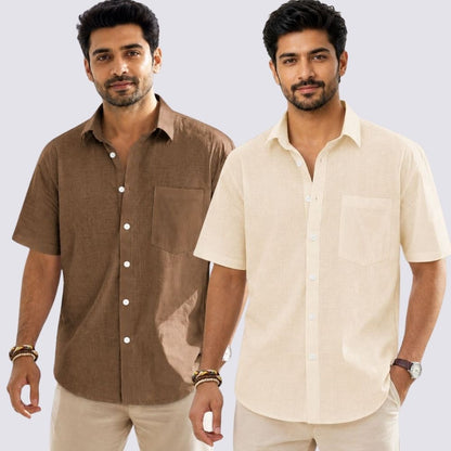 Combo of 2  Linen Half Sleeve Shirt Light Beige and Brown-51999