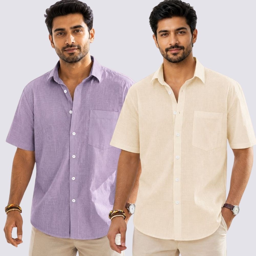 Combo of 2  Linen Half Sleeve Shirt Light Beige and Purple-52000