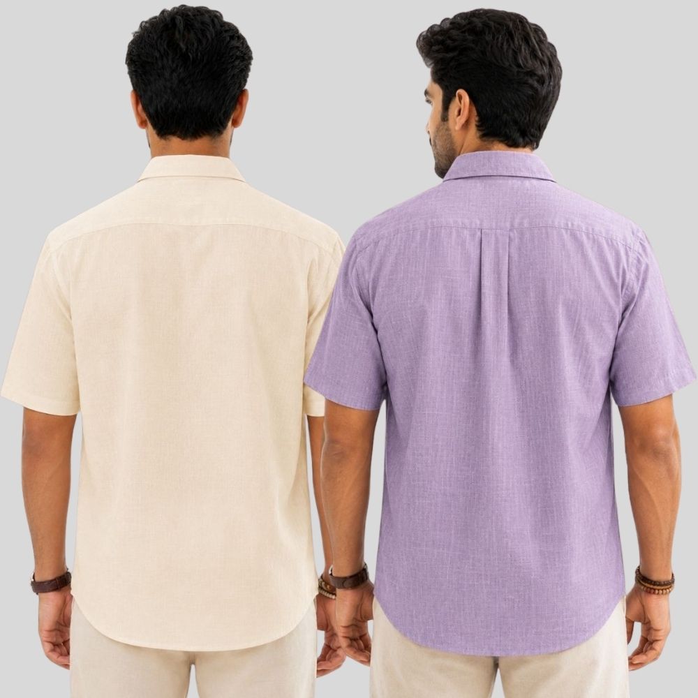 Combo of 2  Linen Half Sleeve Shirt Light Beige and Purple-52000