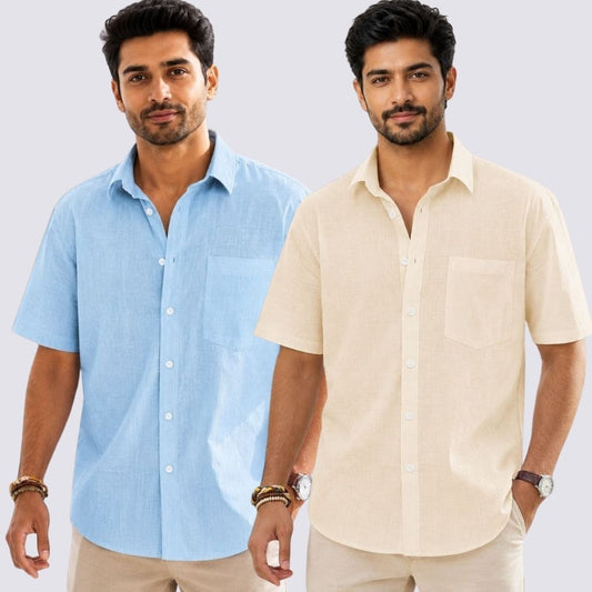 Combo of 2  Linen Half Sleeve Shirt Light Beige and Light Blue-52001