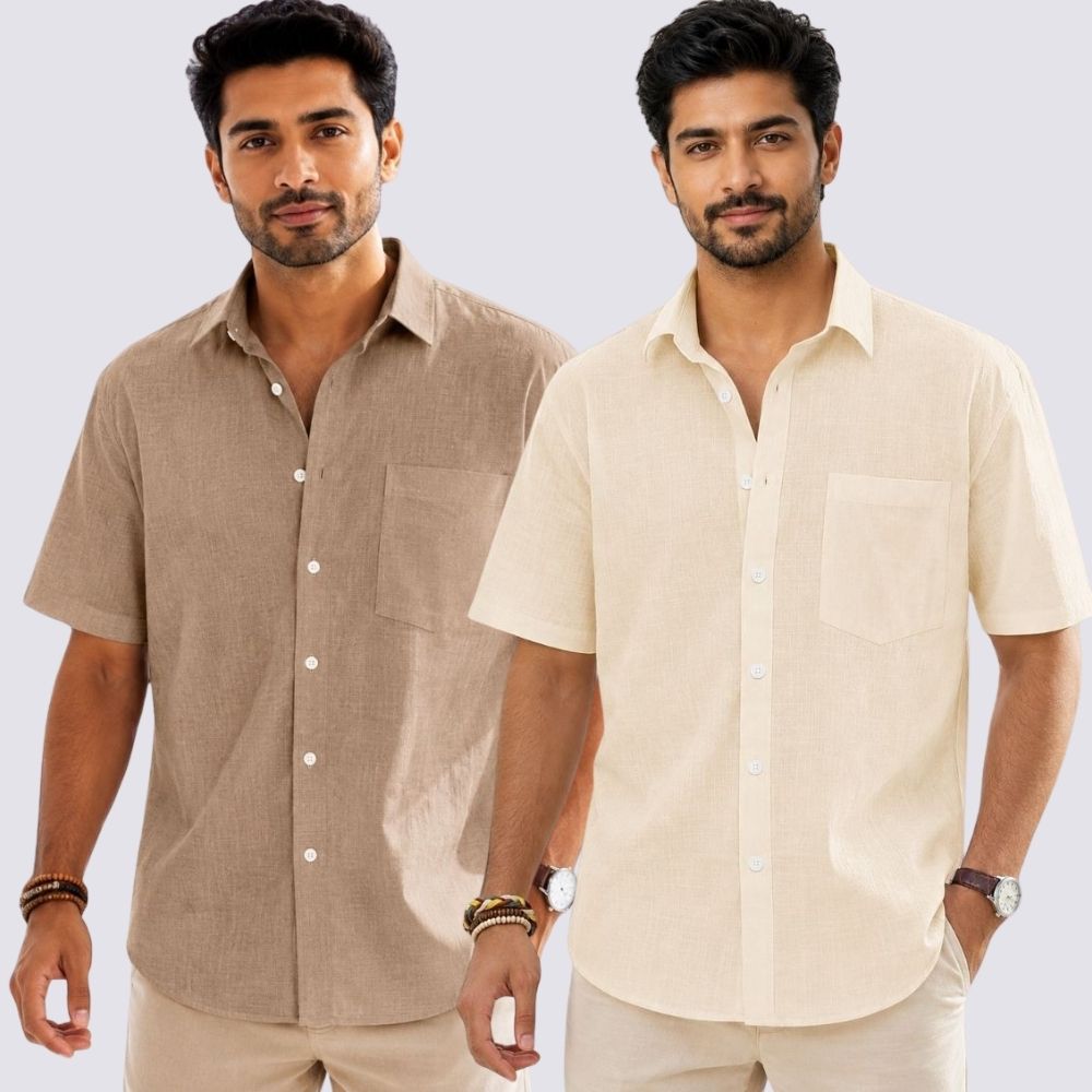 Combo of 2  Linen Half Sleeve Shirt Light Beige and Dark Beige-52002