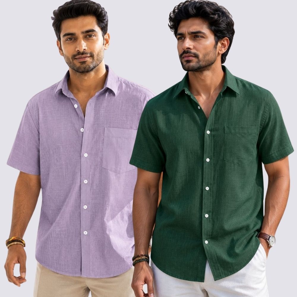 Combo of 2  Linen Half Sleeve Shirt Bottle Green and Purple-52006