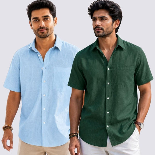 Combo of 2  Linen Half Sleeve Shirt Bottle Green and Light Blue-52007