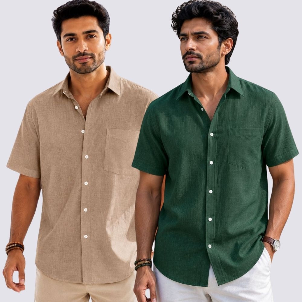 Combo of 2  Linen Half Sleeve Shirt Bottle Green and Dark Beige-52008