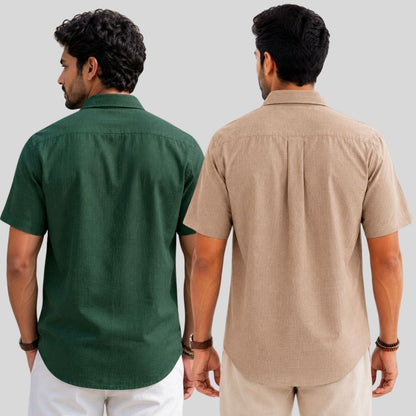 Combo of 2  Linen Half Sleeve Shirt Bottle Green and Dark Beige-52008