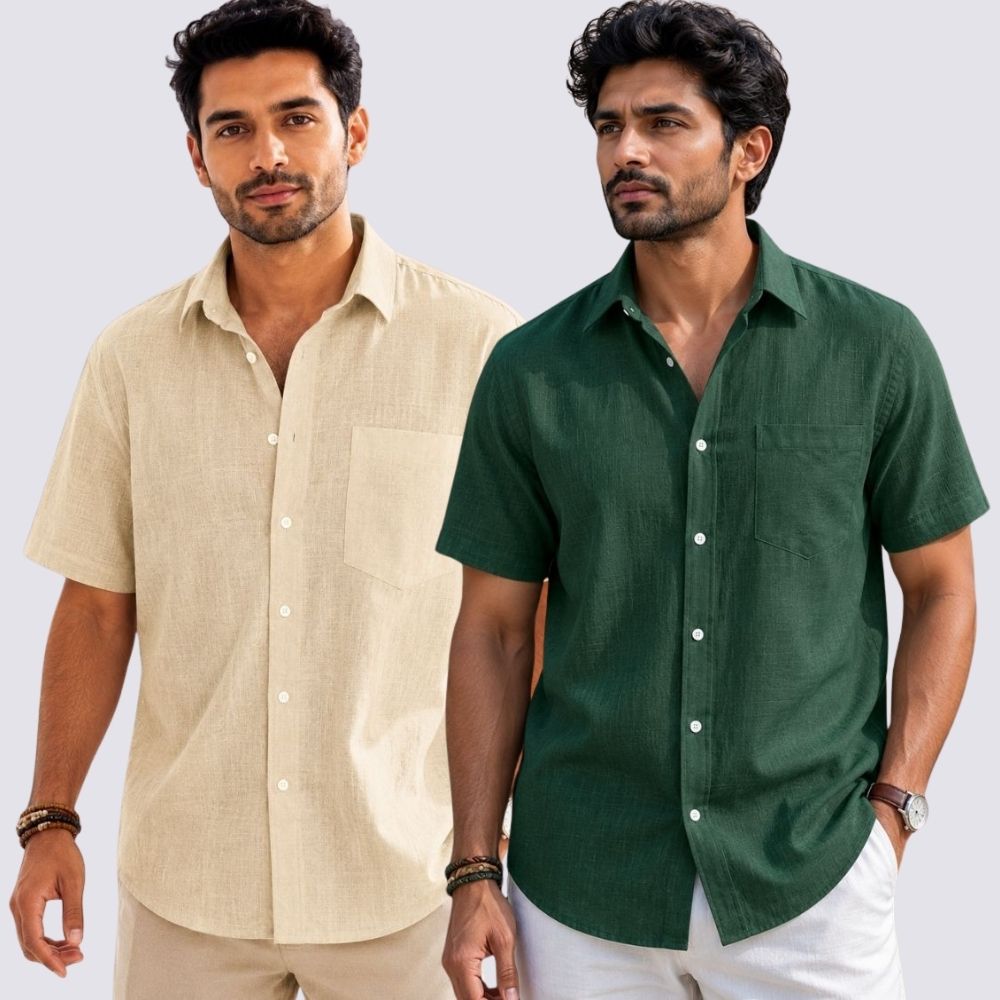 Combo of 2  Linen Half Sleeve Shirt Bottle Green and Beige-52009