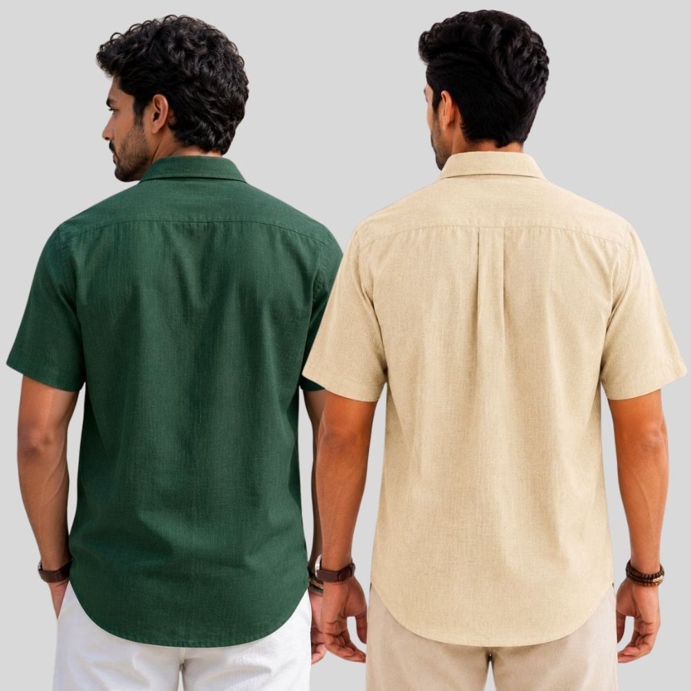 Combo of 2  Linen Half Sleeve Shirt Bottle Green and Beige-52009