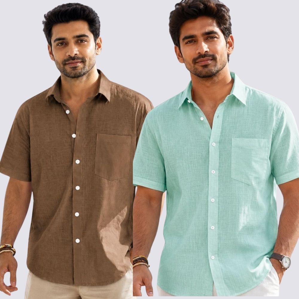 Combo of 2  Linen Half Sleeve Shirt Parrot Green and Brown-52010