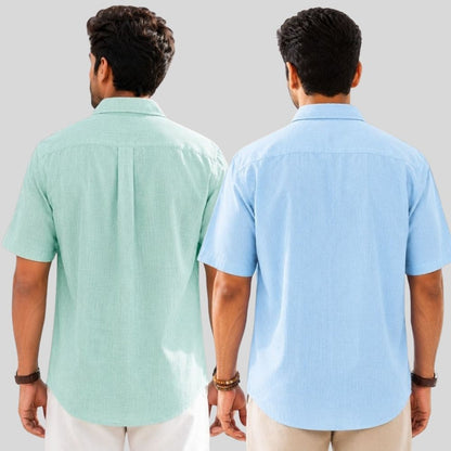 Combo of 2  Linen Half Sleeve Shirt Parrot Green and Light Blue-52012