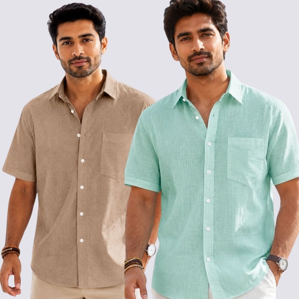 Combo of 2  Linen Half Sleeve Shirt Parrot Green and Dark Beige-52013
