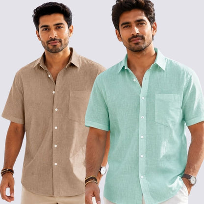 Combo of 2  Linen Half Sleeve Shirt Parrot Green and Dark Beige-52013