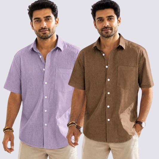 Combo of 2  Linen Half Sleeve Shirt Brown and Purple-52015