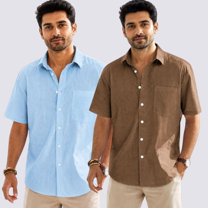 Combo of 2  Linen Half Sleeve Shirt Brown and Light Blue-52016