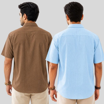 Combo of 2  Linen Half Sleeve Shirt Brown and Light Blue-52016