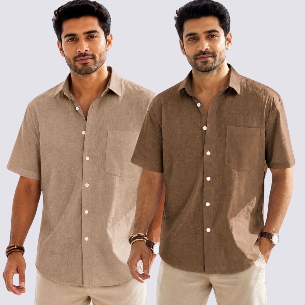 Combo of 2  Linen Half Sleeve Shirt Brown and Dark Beige-52017