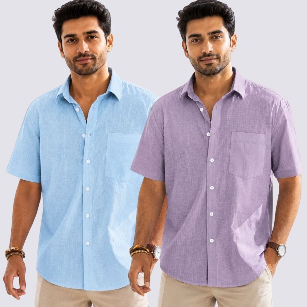 Combo of 2  Linen Half Sleeve Shirt Purple and Light Blue-52019