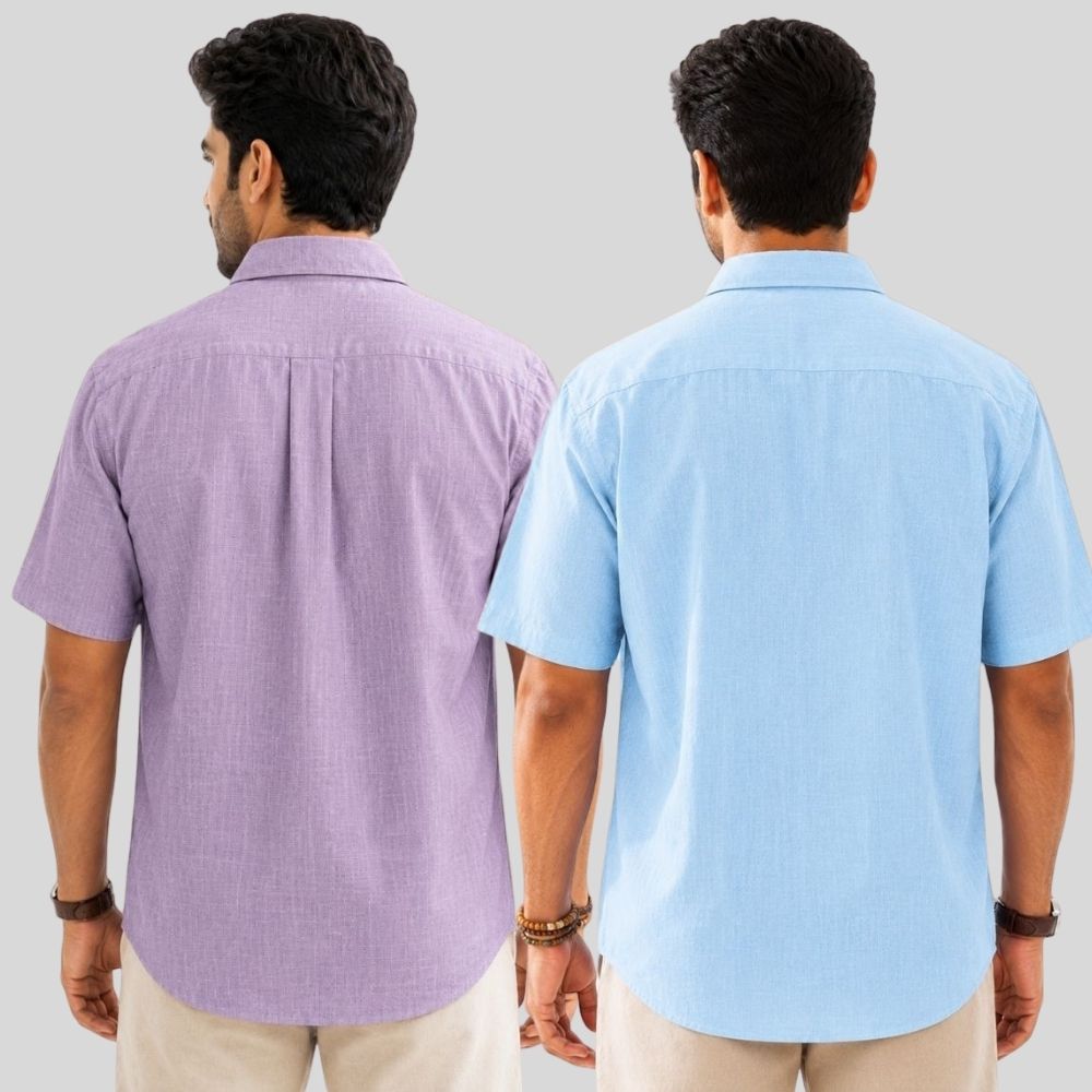Combo of 2  Linen Half Sleeve Shirt Purple and Light Blue-52019