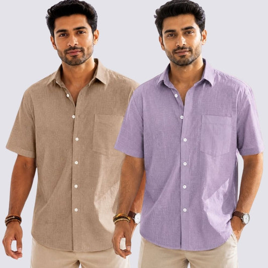 Combo of 2  Linen Half Sleeve Shirt Purple and Dark Beige-52020