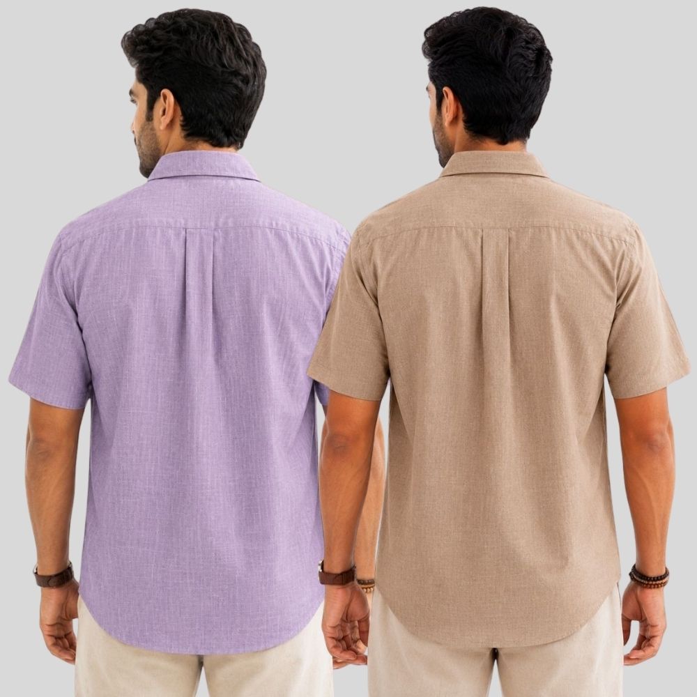 Combo of 2  Linen Half Sleeve Shirt Purple and Dark Beige-52020