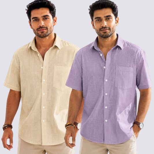 Combo of 2  Linen Half Sleeve Shirt Purple and Beige-52021