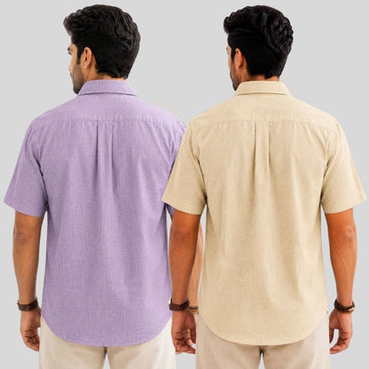 Combo of 2  Linen Half Sleeve Shirt Purple and Beige-52021