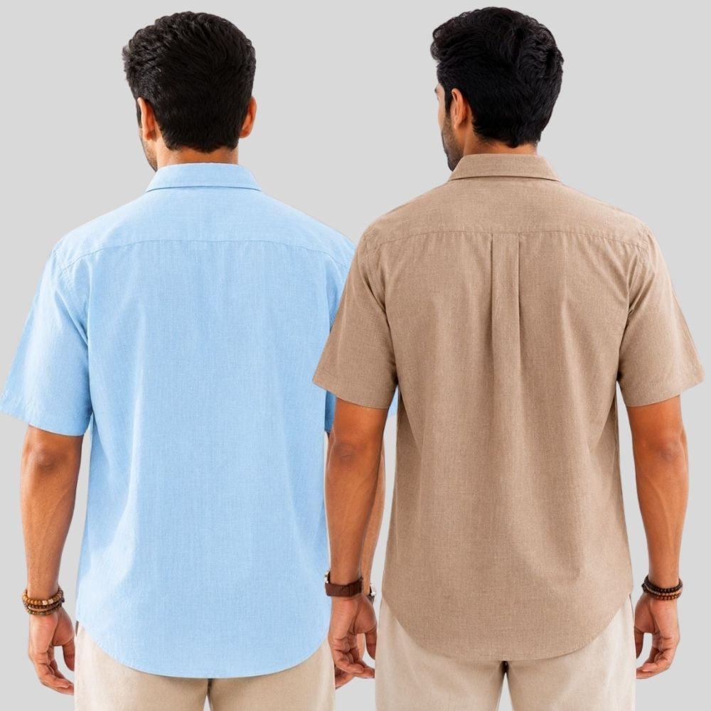 Combo of 2  Linen Half Sleeve Shirt Light Blue and Dark Beige-52022