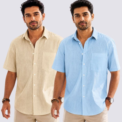 Combo of 2  Linen Half Sleeve Shirt Light Blue and Beige-52023