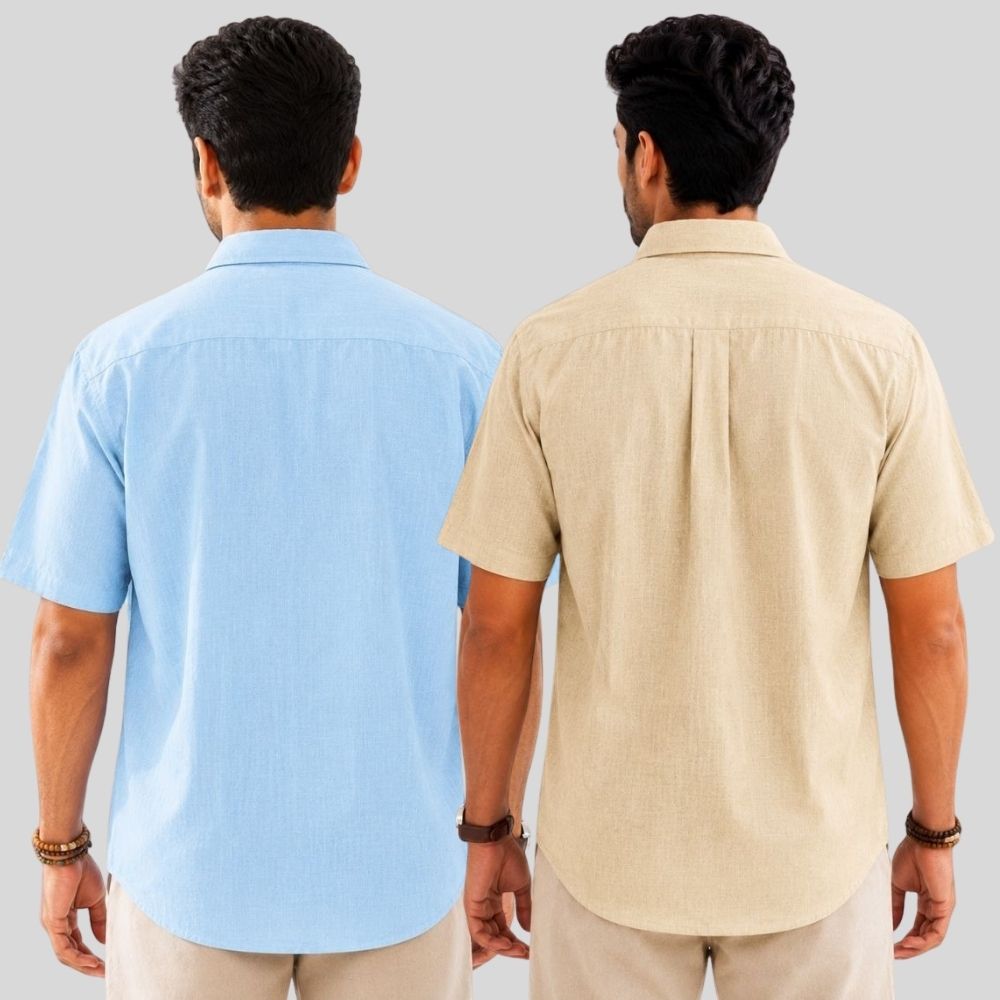 Combo of 2  Linen Half Sleeve Shirt Light Blue and Beige-52023