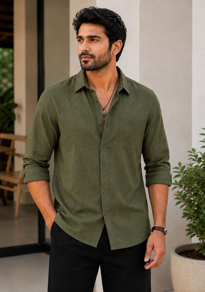 Army Green Linen Relaxed Fit Full Sleeve Shirt-51877