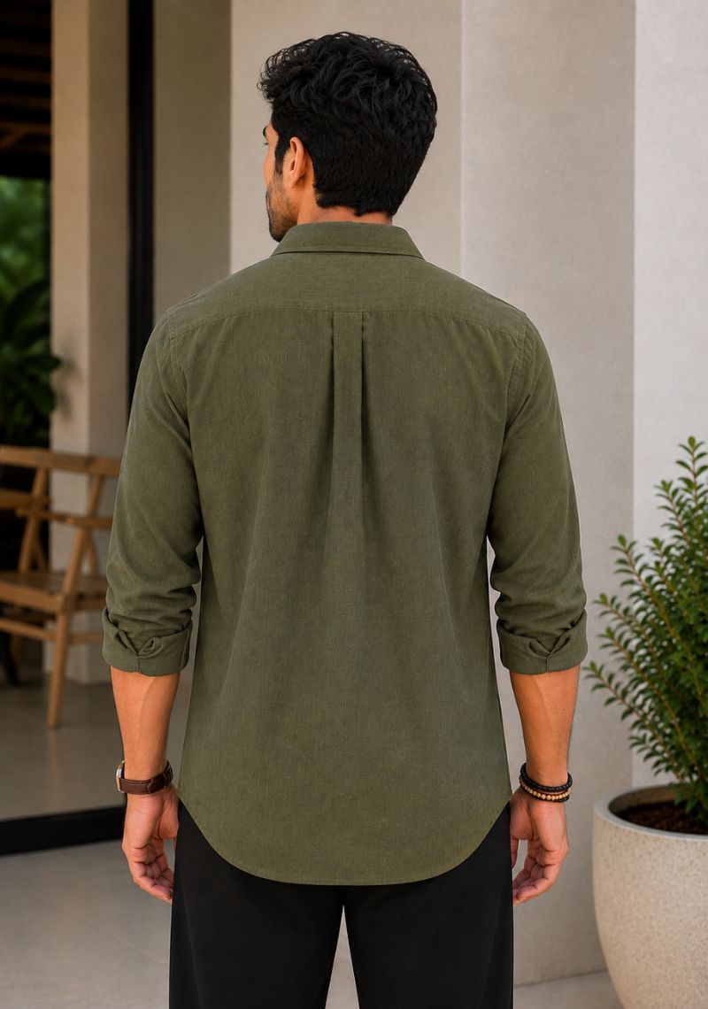 Army Green Linen Relaxed Fit Full Sleeve Shirt-51877
