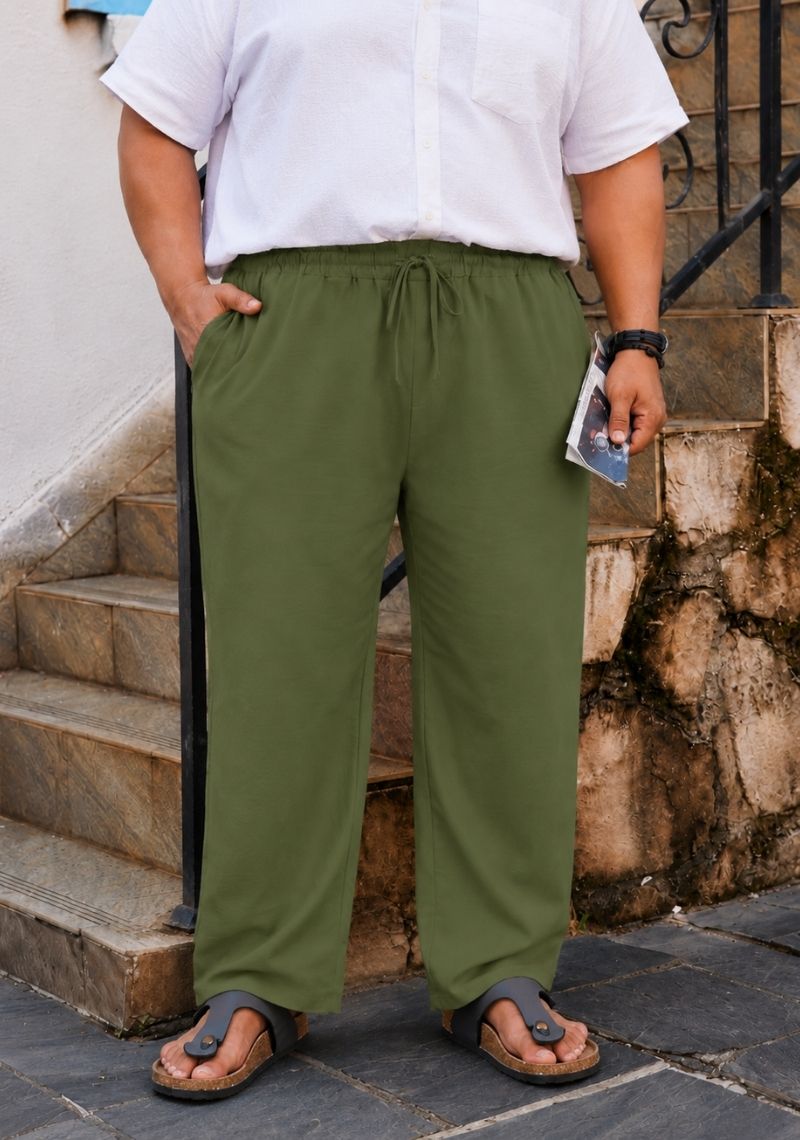 Army Green Linen Plus SIze Relaxed Fit Men Pant-51552