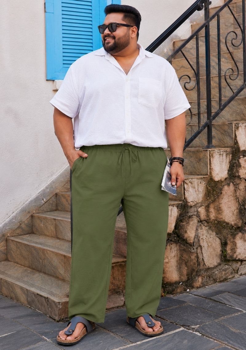 Army Green Linen Plus SIze Relaxed Fit Men Pant-51552