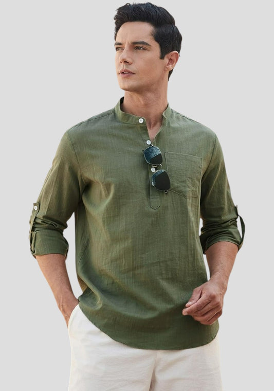 Army Green Linen Solid Short Kurta-50843