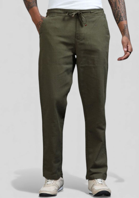 Army Green Premium Linen Relaxed Fit Loose Fit Men Trouser-50476