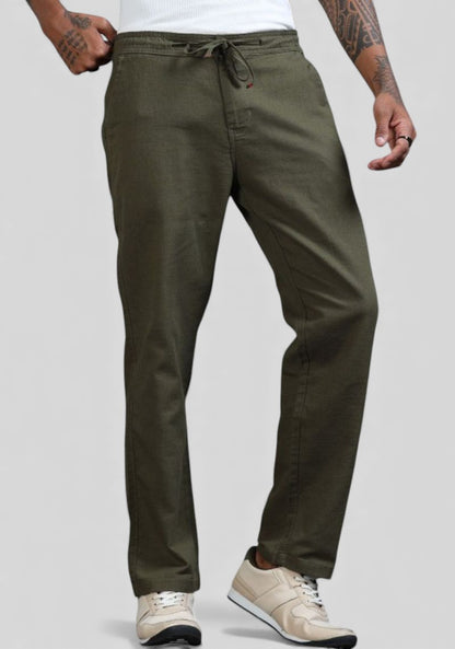 Army Green Premium Linen Relaxed Fit Loose Fit Men Trouser-50476