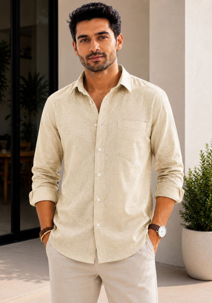 Beige Linen Relaxed Fit Full Sleeve Shirt-51884