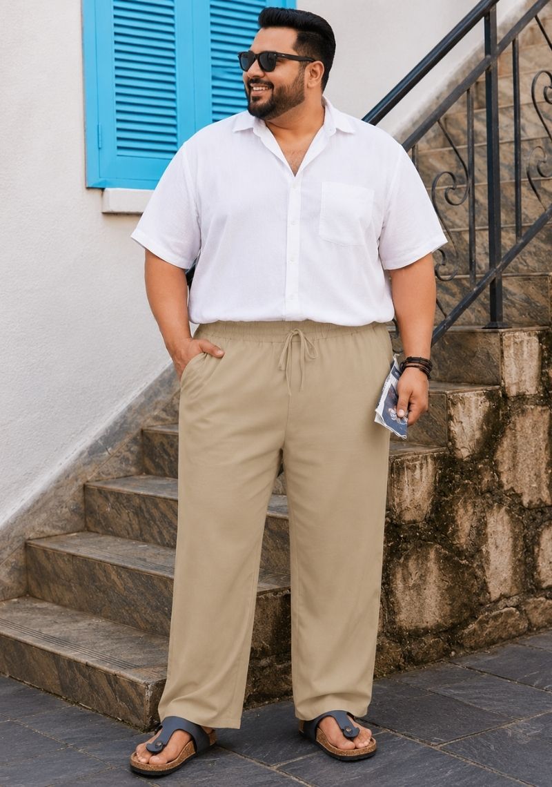 Beige Linen Plus SIze Relaxed Fit Men Pant-51558