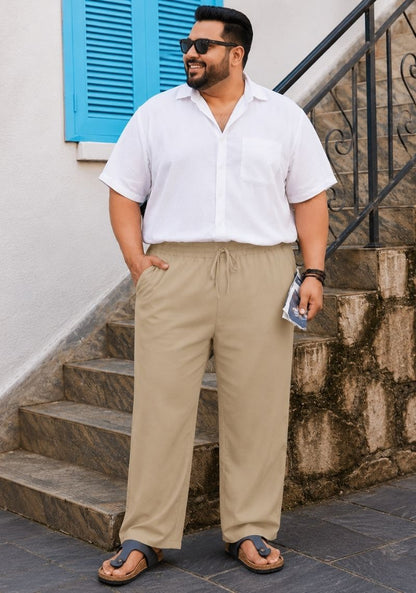 Beige Linen Plus SIze Relaxed Fit Men Pant-51558