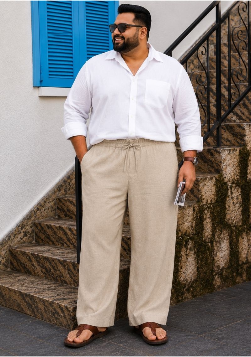 Beige Linen Plus SIze Relaxed Fit Men Pant-51563