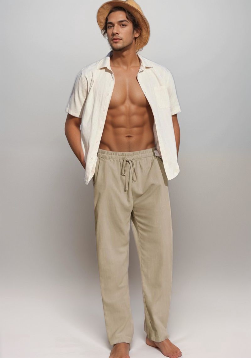 Beige Linen Loose Fit Men Pant-49499