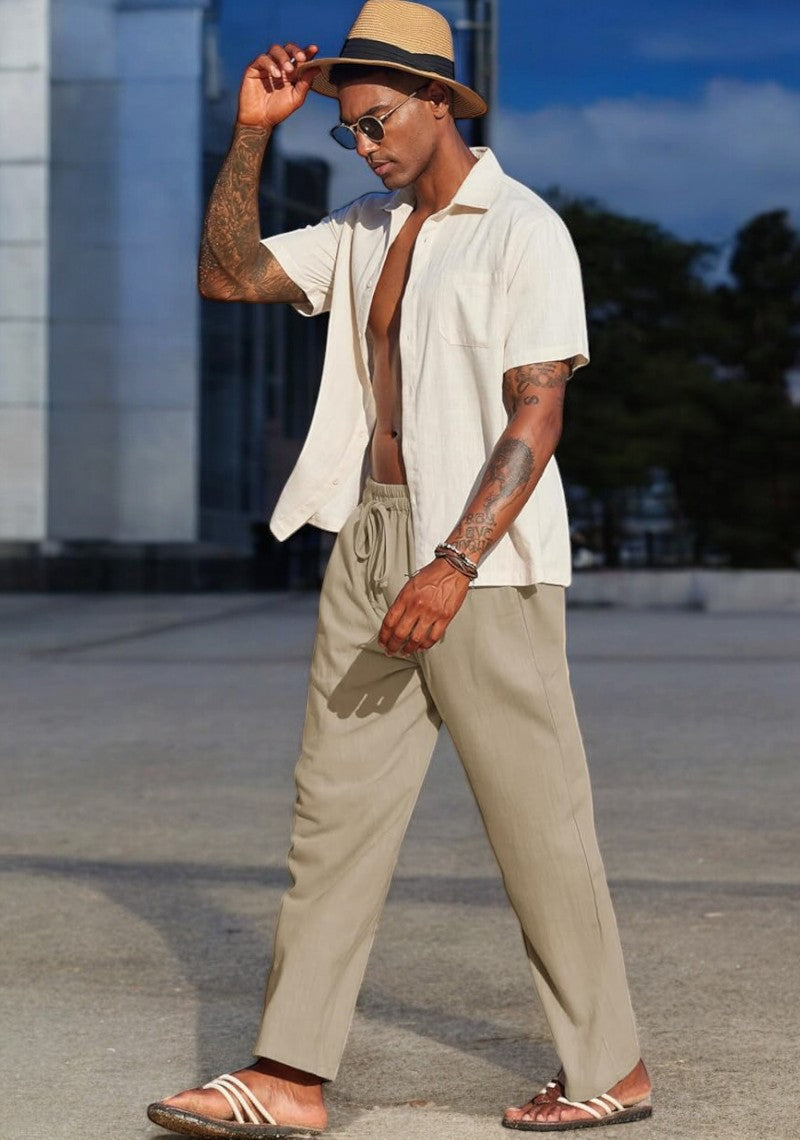 Beige Linen Loose Fit Men Pant-49499