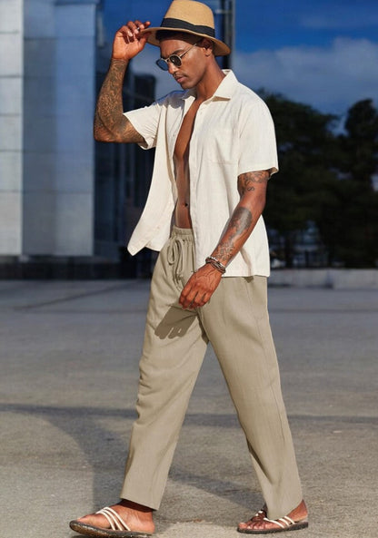 Beige Linen Loose Fit Men Pant-49499