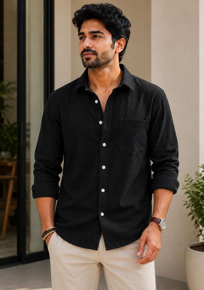 Black Linen Relaxed Fit Full Sleeve Shirt-51879