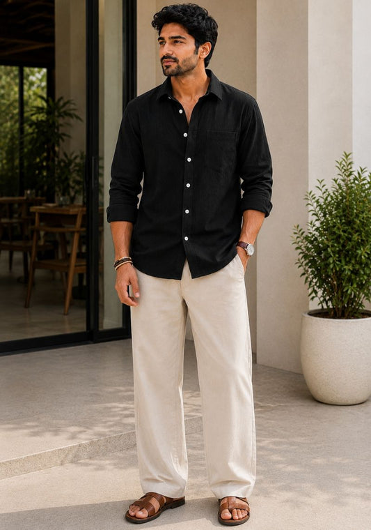 Black Linen Relaxed Fit Full Sleeve Shirt-51879