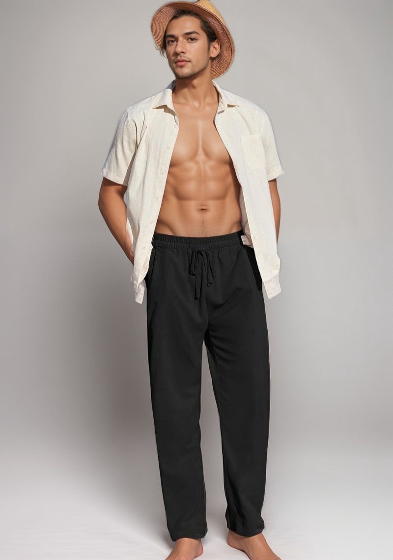 Black Linen Loose Fit Men Pant-49501