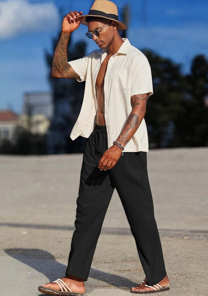 Black Linen Loose Fit Men Pant-49501