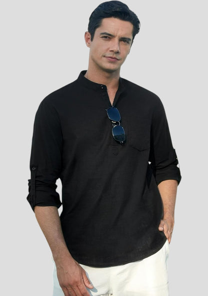 Black Linen Solid Short Kurta-50839