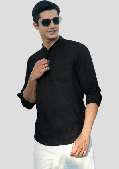 Black Linen Solid Short Kurta-50839